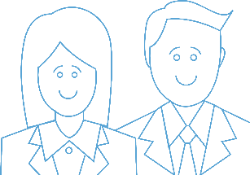 Two 2D drawing of professionally dressed people smiling